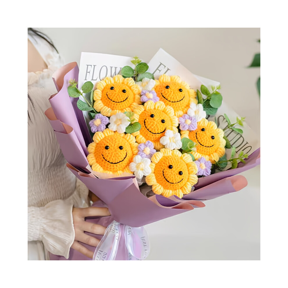 (5pcs joyful Bouquet Purple) Custom Hand-Knit Sunflower Bouquet Gift - Personalized Photo/Text, Soft Fabric Flowers with Realistic Petals & Leaves, No-image-OPC-PH6RJ6N-NEW