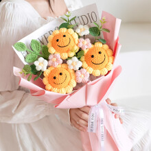 (3pcs joyful Bouquet Orange) Custom Hand-Knit Sunflower Bouquet Gift - Personalized Photo/Text, Soft Fabric Flowers with Realistic Petals & Leaves, No Batteries Needed,