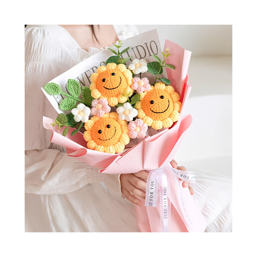 (3pcs joyful Bouquet Orange) Custom Hand-Knit Sunflower Bouquet Gift - Personalized Photo/Text, Soft Fabric Flowers with Realistic Petals & Leaves, No-image-OPC-PH6RJ6D-NEW