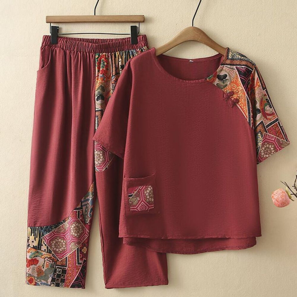 (brick red, 8XL) Plus Size 3XL-8XL Women's Two Pieces Set Summer Vintage Clothing Elegant Oversize Pants Sets
