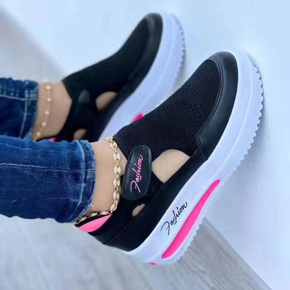 (black, 42) 2024 Women's European & American Casual Woven Mesh Wedge Velcro Shoes - Large Size Available