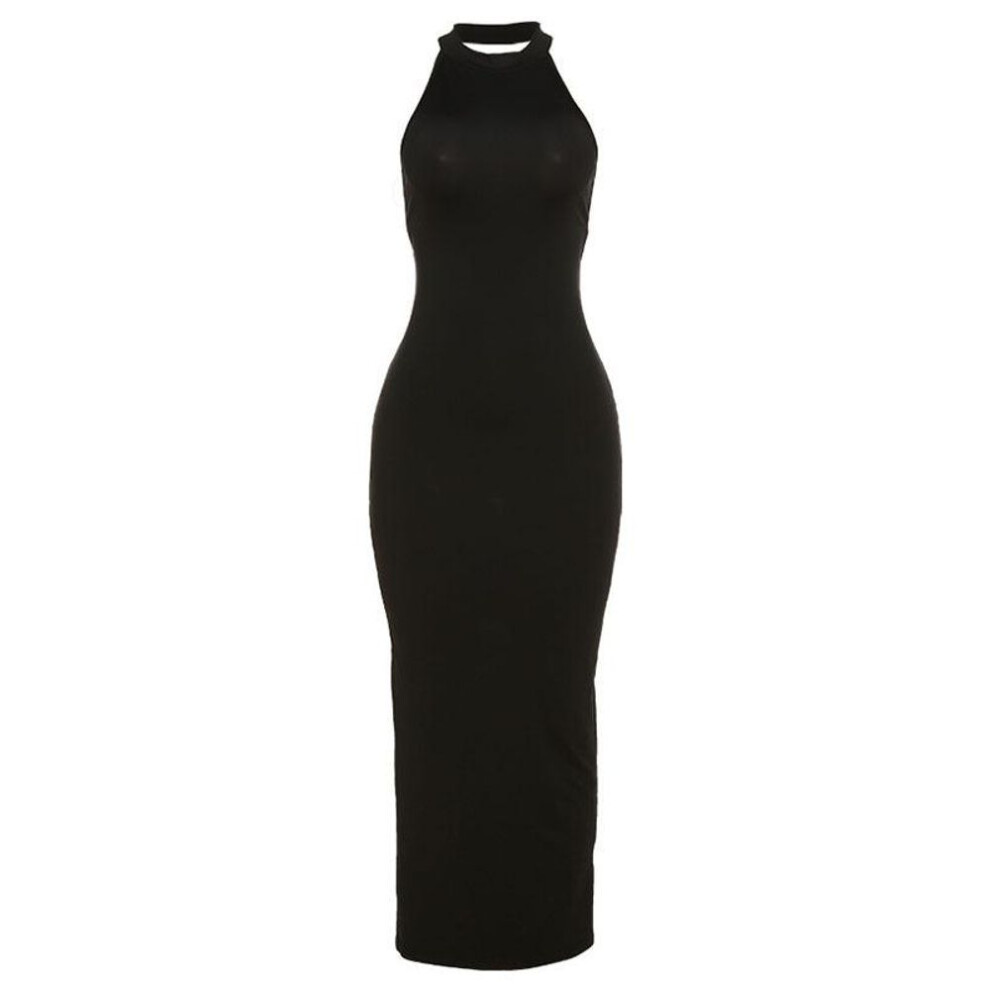 (black, S) Summer Women's Fashionable Hanging Neck Sexy Backless Split Hip Hugging Slim Fit Dress For Women Evening Dresses