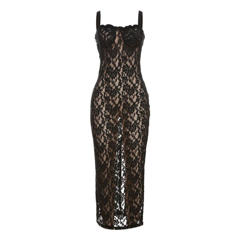 (black, M) Summer Women's Fashionable One-piece Neck Sexy See Through Lace Slim Fit Dress For Women Evening Dresses