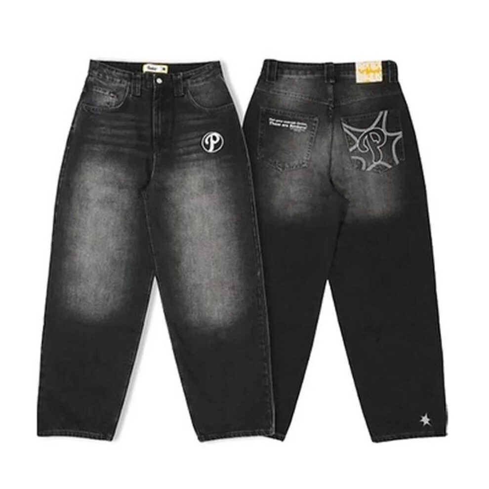 (black, M) Streetwear Jeans Y2K Mens Pants Harajuku Hip Hop Letter Embroidery Vintage Blue Baggy Jeans High Waist Wide Leg Trouser
