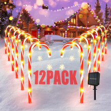 (12 Pack) 1 Set Solar-Powered Candy Cane Christmas Lights, 800mAh Nickel Battery, Plastic Stake-Mounted Holiday Decor, No Remote, Non-Removable Photovoltaic
