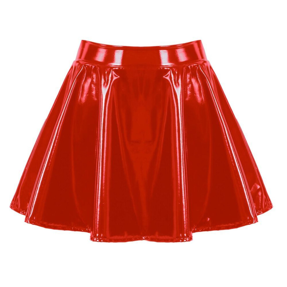 (3XL, red) Womens Latex Skirt for  Dance Stage Performance Costume Ladies Wetlook Patent Leather Flared Mini Skirts