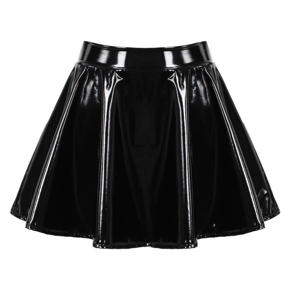 (XL, black) Womens Latex Skirt for  Dance Stage Performance Costume Ladies Wetlook Patent Leather Flared Mini Skirts