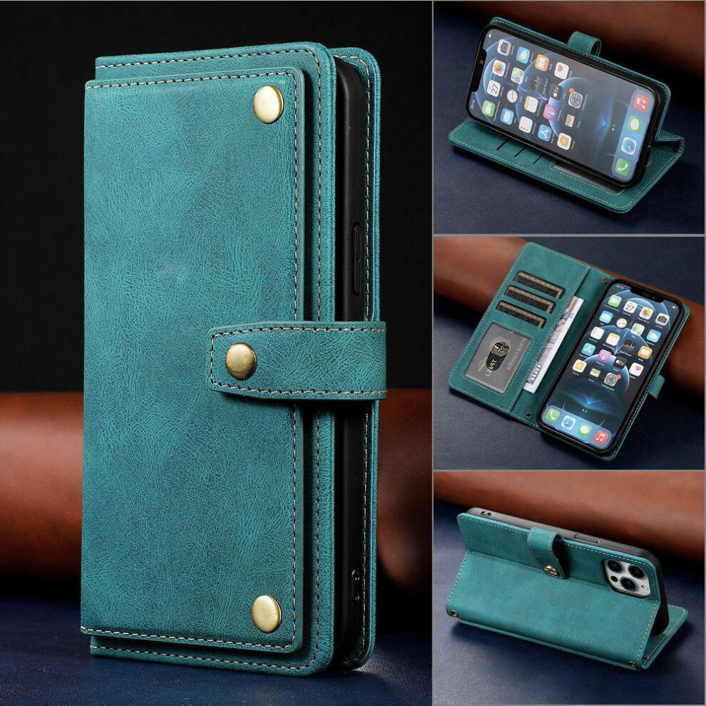 (, Iphone 11 Pro Max 6.5) Iphone 15 Retro Leather Case For Apple 12, 14 Pro Flip Phone - Multi-Function Card Holder Blue 4247720213587