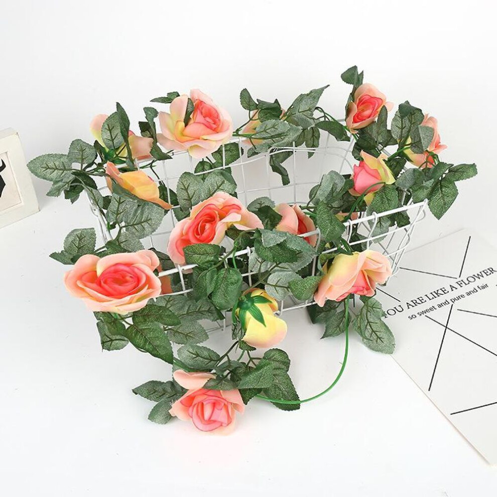(champagne) 2PCS 16 Heads Rose Rattan Leaf Artificial Rose Vine Garland Fake Rose Rattan Wedding Arch Ceremony Family Garden Outdoor Party Wall Decoration 2.2m