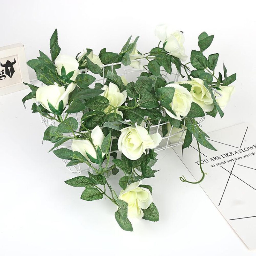 (white) 2pcs 16 Heads Rose Rattan Leaf Artificial Rose Vine Garland Fake Rose Rattan Wedding Arch Ceremony Family Garden Outdoor Party Wall Decoration 2.2m