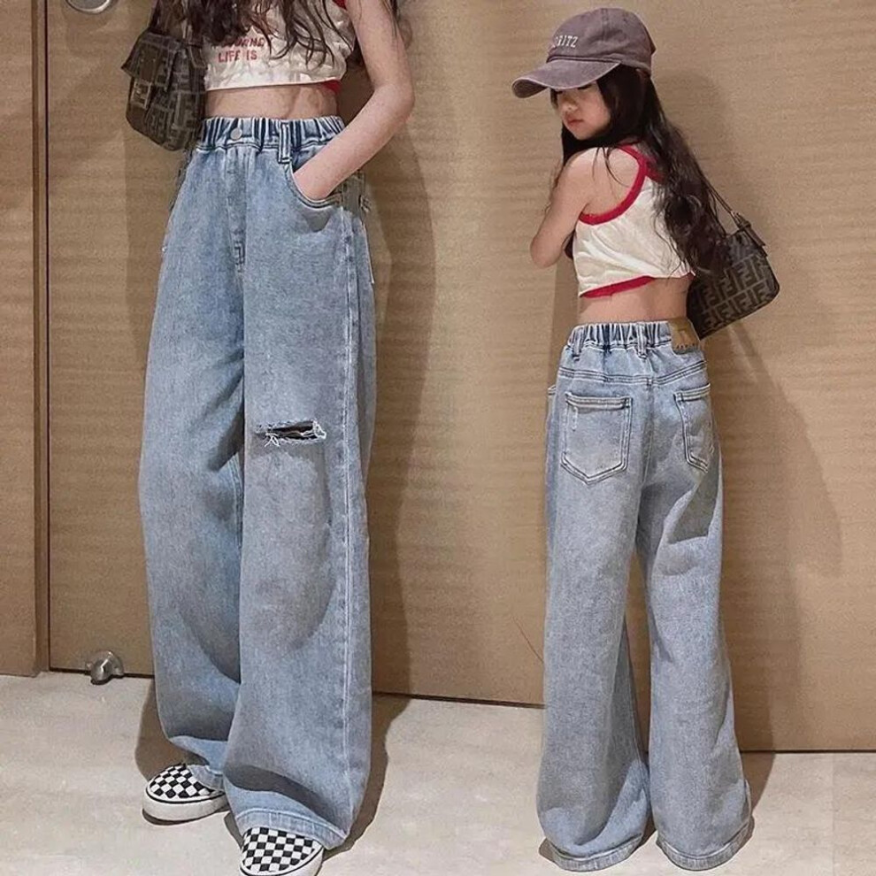 (blue, 150) Middle Big Children Fashion Hole Mopping Jeans Girls Foreign Style All-mathc Loose Wide-leg Pants Children Casual Korean Trouser