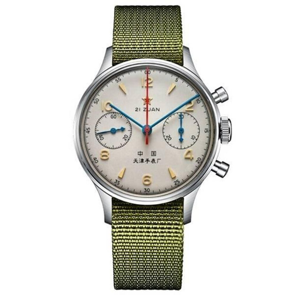 (green) Tianjin Watch Vintage Chronograph Pilot Mens Watch Wristwatch