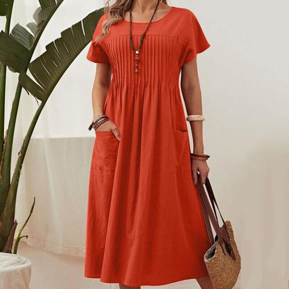 (red, XL) Women's Long Solid Color Round Neck Pocket Pleated Short Sleeved Cotton Linen Casual Dresses