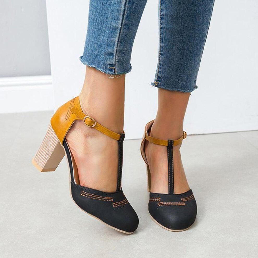 (black, 43) Spring/summer 2020 European & American Retro T-bar Buckle Round Toe Colorblock Women's Shoes, Large Size