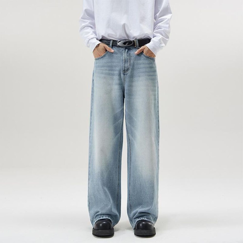 (light blue, 3XL) LKTM Men's Four Seasons Korean A-Line Jeans: Loose Wide-Leg, Floor-Mopping Fit