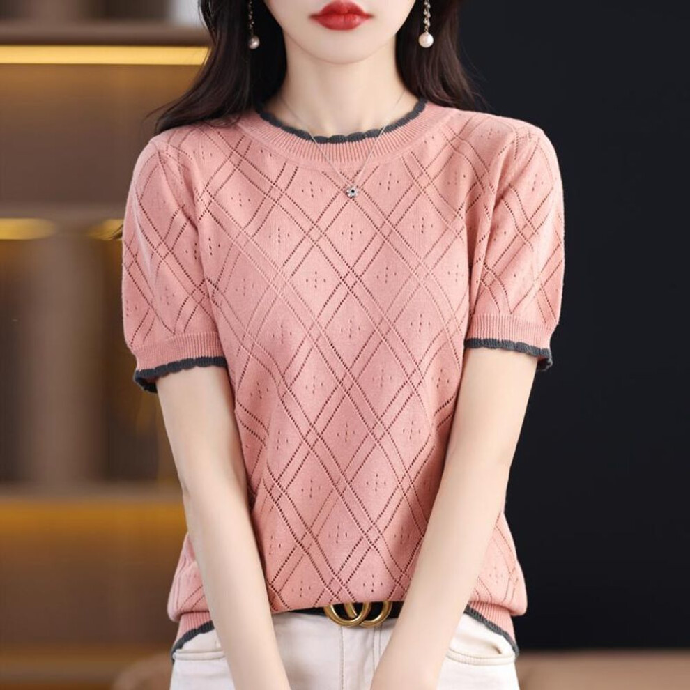 (L, pink) Women Knit T-shirt Summer Knitted Shirt Short Sleeve Tees O-neck Pullover Knit Tops Summer Tees Female