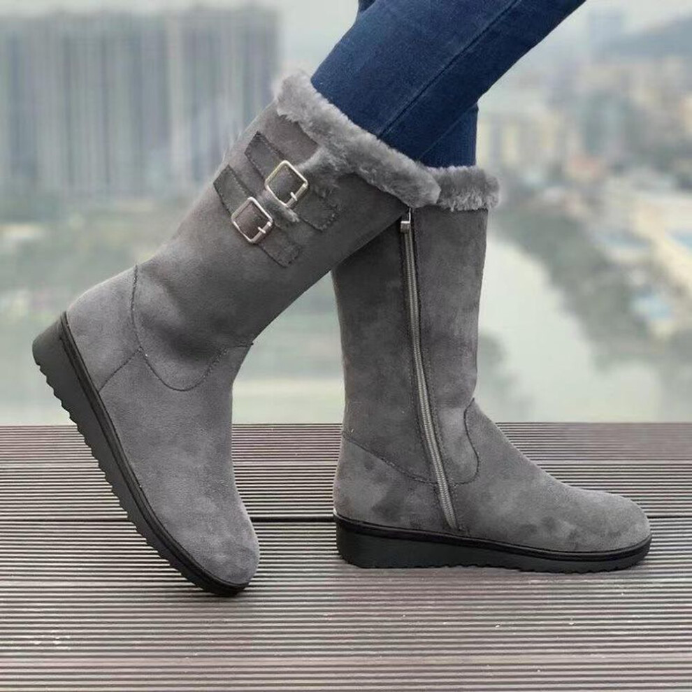 (grey, 39) Women's All-Match Winter Snow Boots, Velvet-Lined Mid-Tube Martins with Wedge Heels, Non-Slip, Warm, Side-Zip Cotton