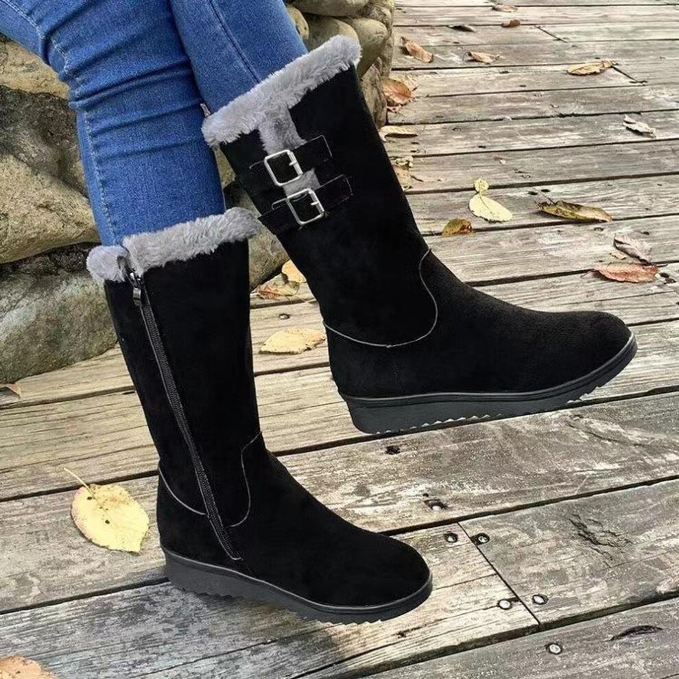 (black, 39) Women's All-Match Winter Snow Boots, Velvet-Lined Mid-Tube Martins with Wedge Heels, Non-Slip, Warm, Side-Zip Cotton