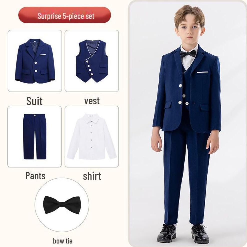 (navy blue, 5-piece set, 170cm) Children's Autumn/winter Suits: British Gentleman Style For Boys & Flower Girl Wedding Dresses - Perfect For Piano & Performance Events