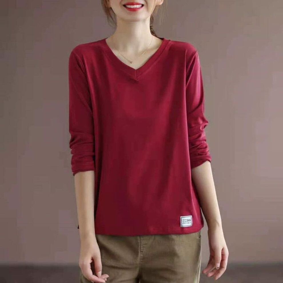 (3XL, red) 2025 Solid Color Long Sleeved T-shirt Women's Plus Size Women's Loose Base Shirt Top Trend