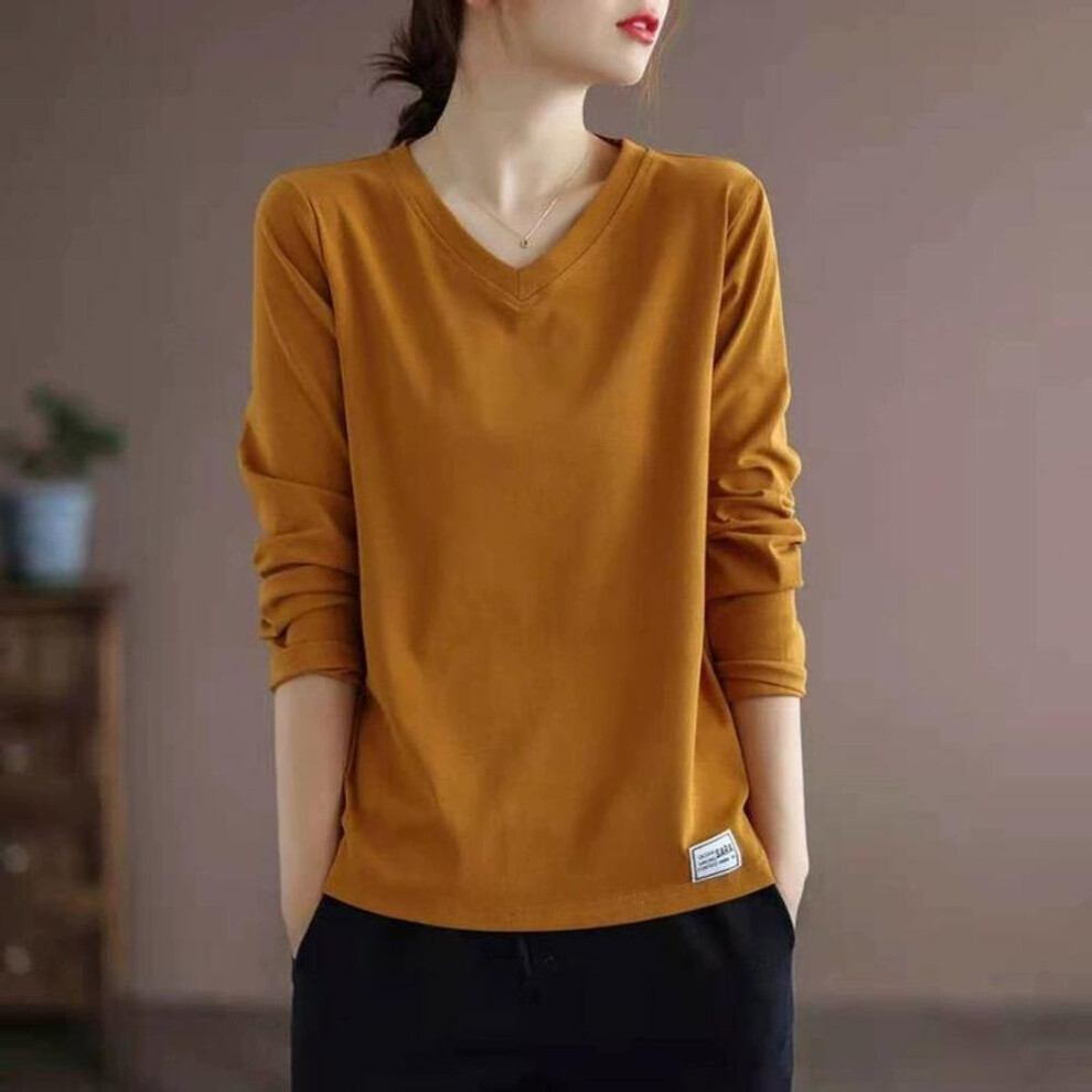 (2XL, orange) 2025 Solid Color Long Sleeved T-shirt Women's Plus Size Women's Loose Base Shirt Top Trend