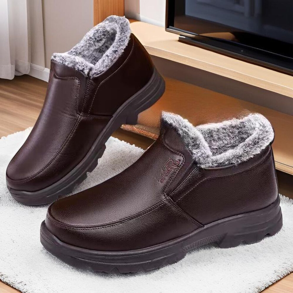(brown, 43) Warm Velvet-lined Cotton Shoes For Winter: Non-slip, Lightweight, And Soft Sole - Perfect For Middle-aged And Elderly Men
