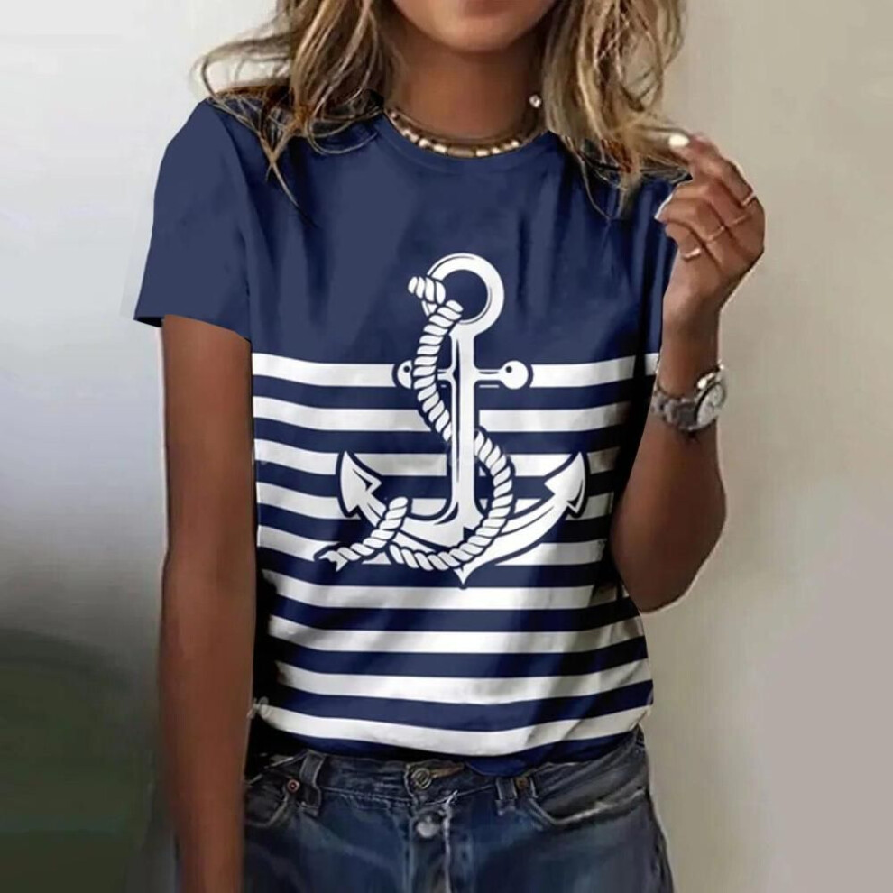 (4XL, white) Summer Women T Shirt 3D Print Boat Anchor Print Fashion O Neck Short Sleeve Tees Tops Pullover Women's Casual Loose T-shirt Y2k Clothing