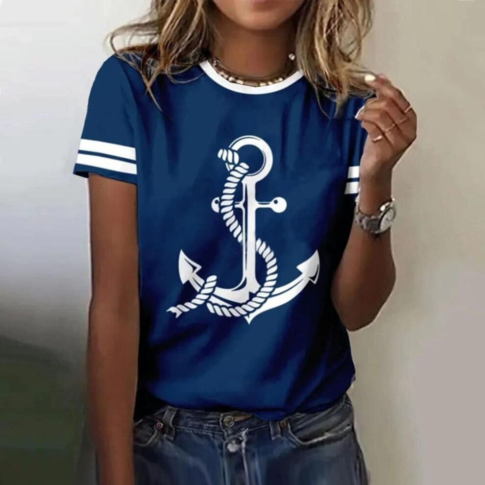 (L, blue) Summer Women T Shirt 3D Print Boat Anchor Print Fashion O Neck Short Sleeve Tees Tops Pullover Women's Casual Loose T-shirt Y2k Clothing