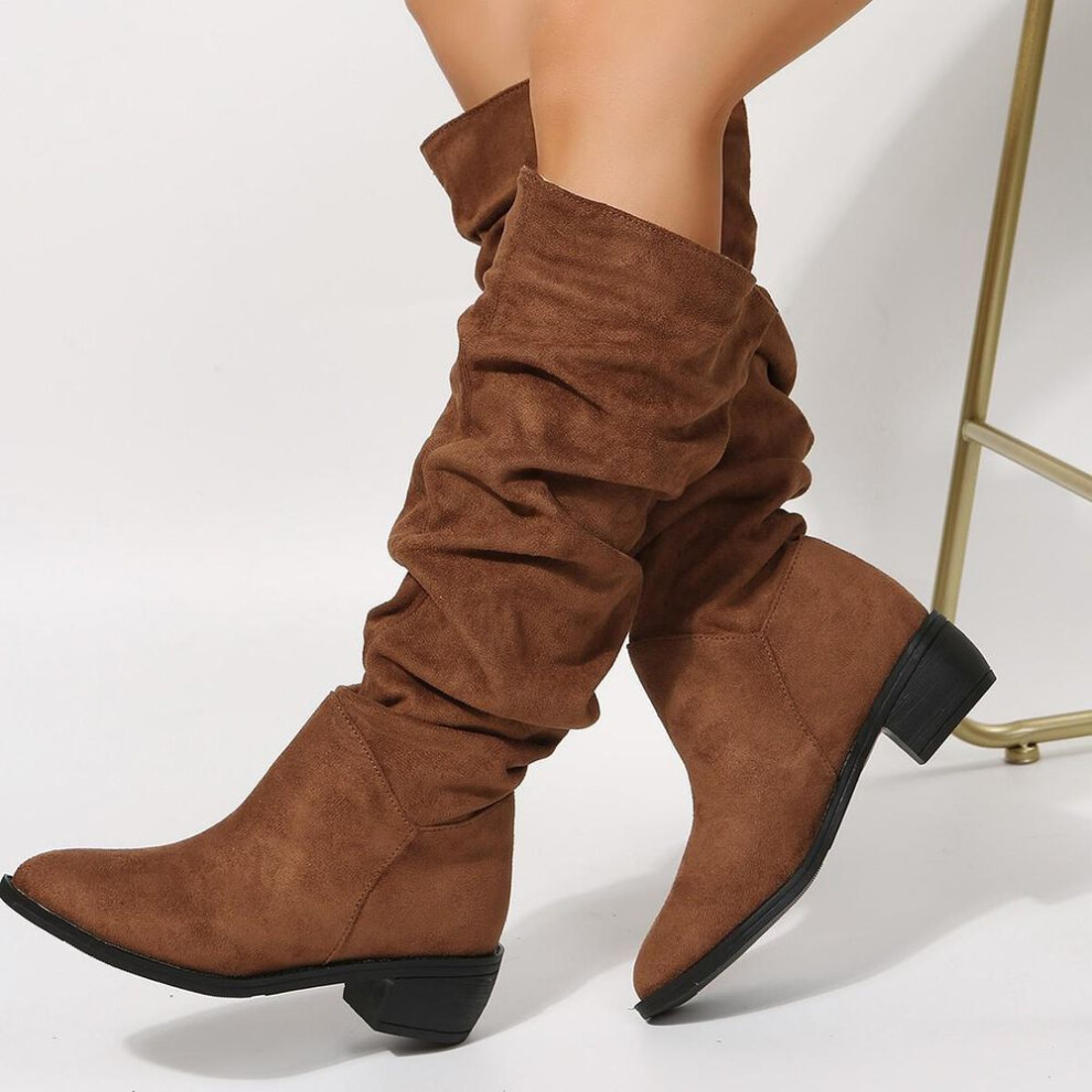 (brown, 41) 2022 Winter Women's High-top Suede Pleated Long Boots With Thick Heel