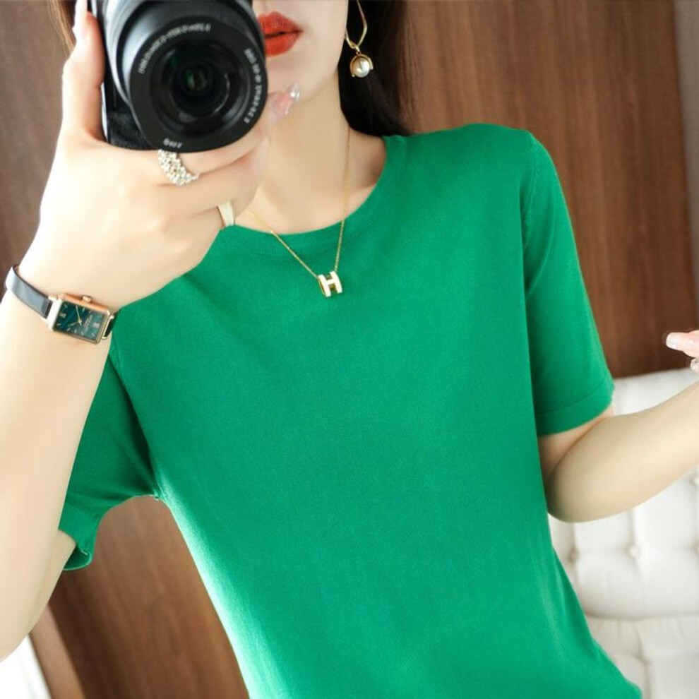 (2XL, green) Women Knit T-shirt Summer Knitted Shirt Short Sleeve Tees O-neck Pullover Knit Tops