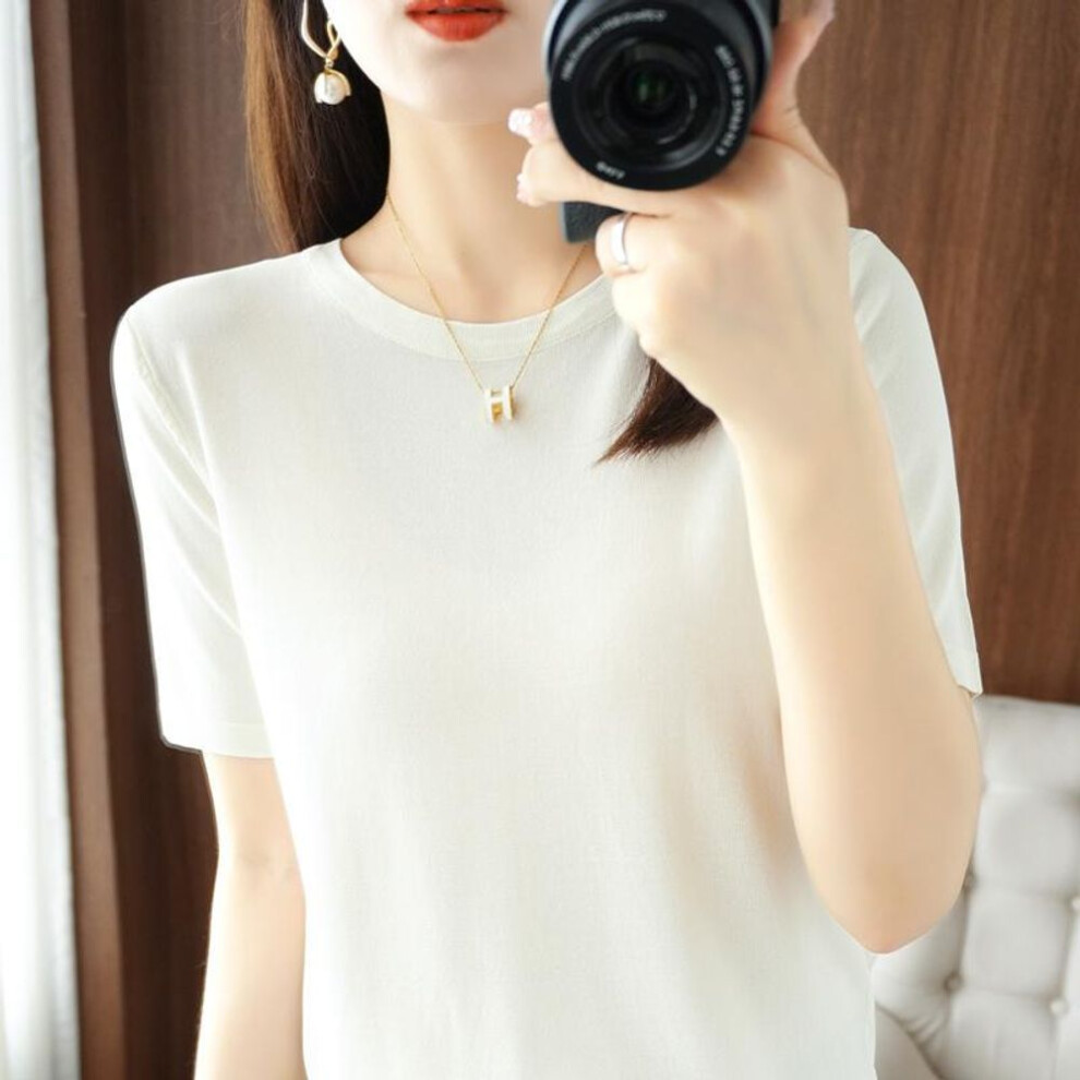 (M, white) Women Knit T-shirt Summer Knitted Shirt Short Sleeve Tees O-neck Pullover Knit Tops