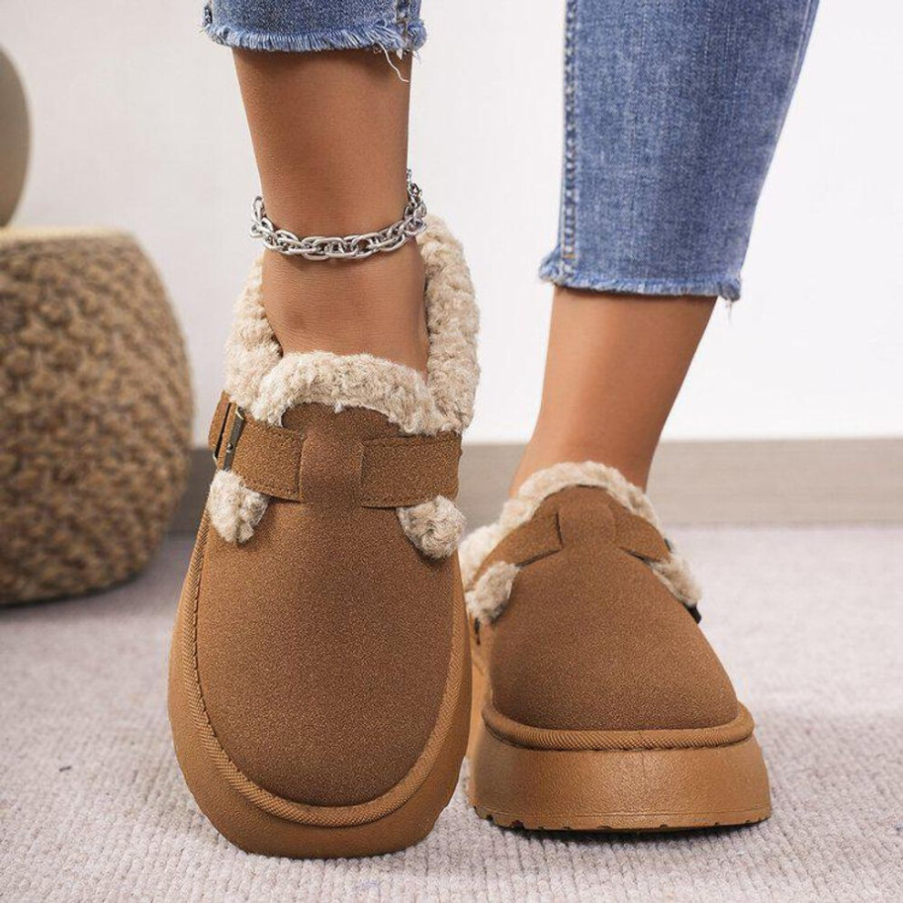 (camel, 43) Thick-Soled Plush Buckle Cotton Slippers for Women: Warm, Large-Size, Autumn/Winter Fashion Footwear