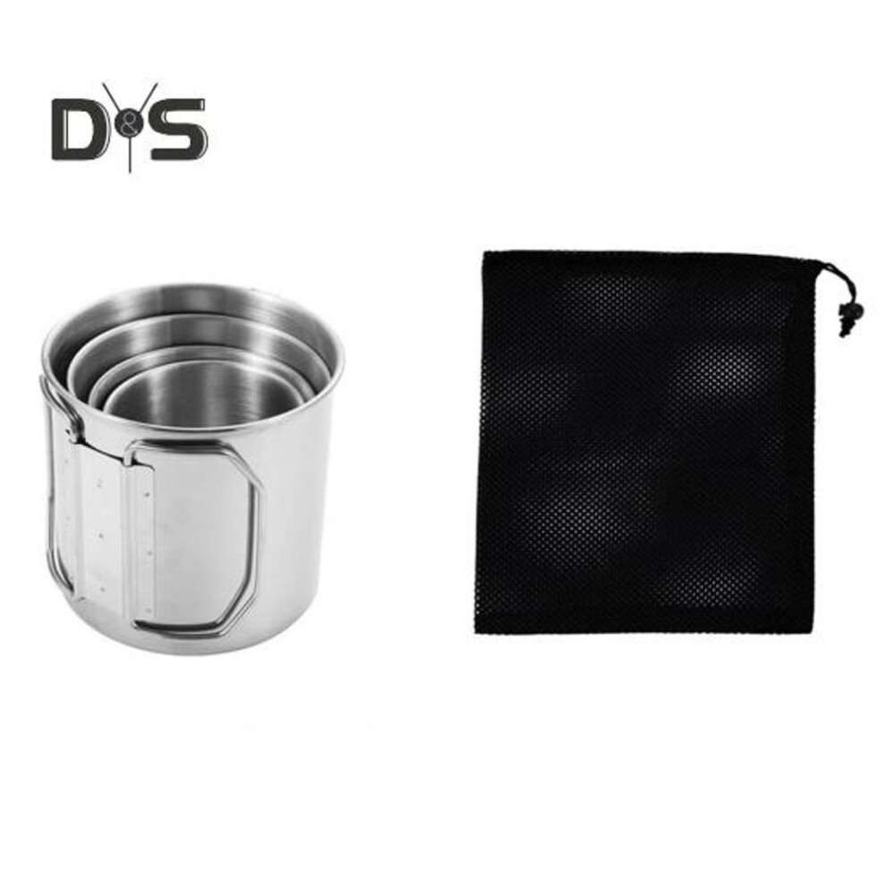 (as the picture, 1 Set) Stainless Steel Folding Handle Cup Set With Storage Bag Portable Carabiner Cup For Home Outdoor Camping Water Coffee Drink Cups For Hiking Picnics
