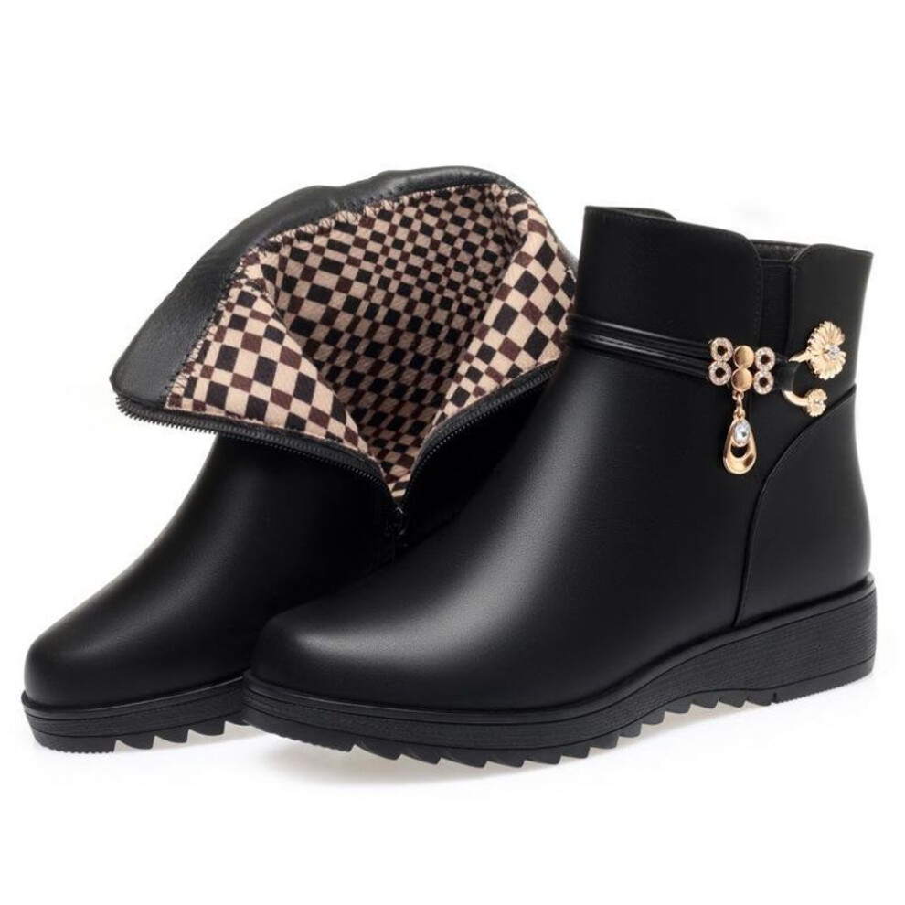 (black, JM735-2 single lining; 40) Chunky Heel Short Boots for Women - Autumn/Winter Soft Leather, Velvet-Lined Comfort Shoes for Mothers, Middle-Aged and Elderly.