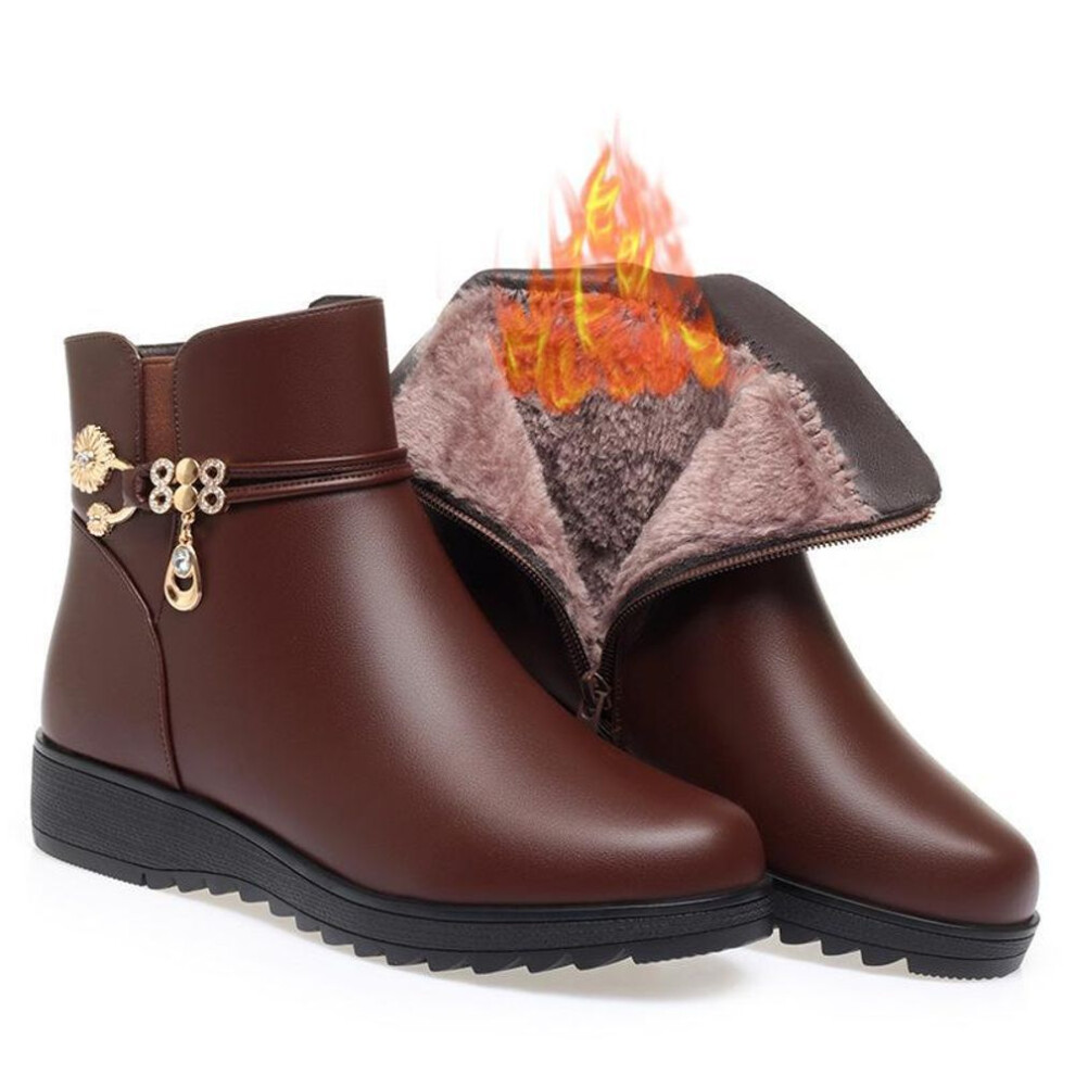 (brown, JM735; 38) Chunky Heel Short Boots for Women - Autumn/Winter Soft Leather, Velvet-Lined Comfort Shoes for Mothers, Middle-Aged and Elderly.