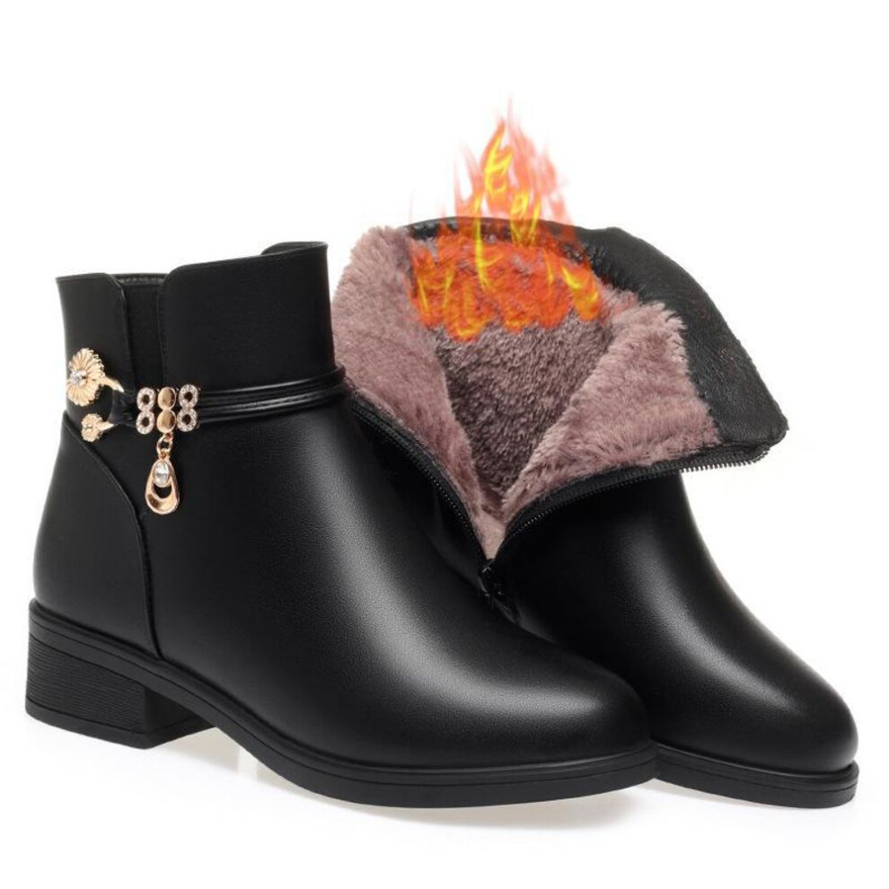 (black, JM733; 42) Chunky Heel Short Boots for Women - Autumn/Winter Soft Leather, Velvet-Lined Comfort Shoes for Mothers, Middle-Aged and Elderly.