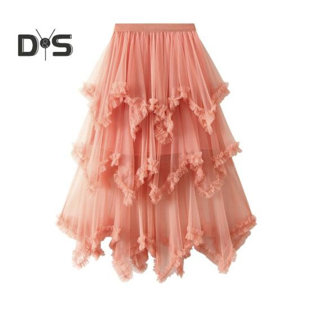 (orange) Women Cake Skirt Mid-rise Elastic Waist Irregular Hem Midi Skirt Solid Color Mesh Swing Long Skirt Daily Wear