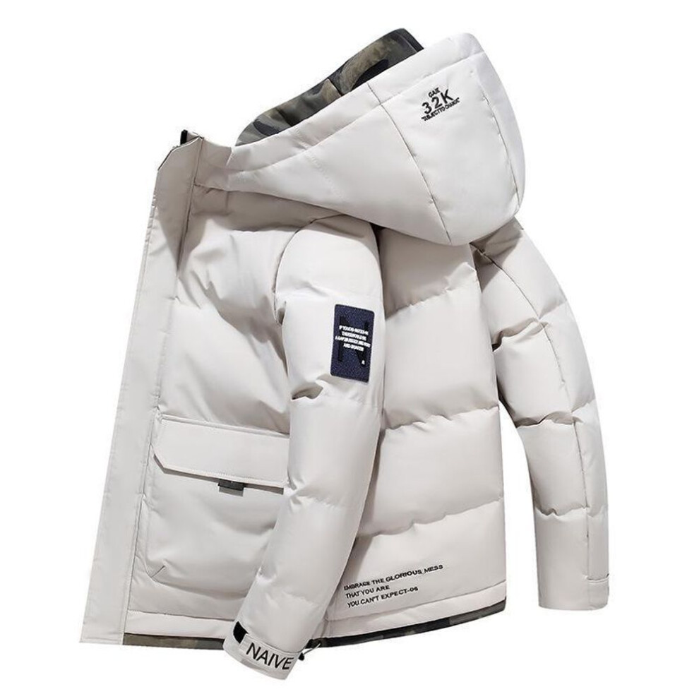 (khaki, M) Men's Korean Style Hooded Winter Jacket - Trendy, Thick Cotton Coat