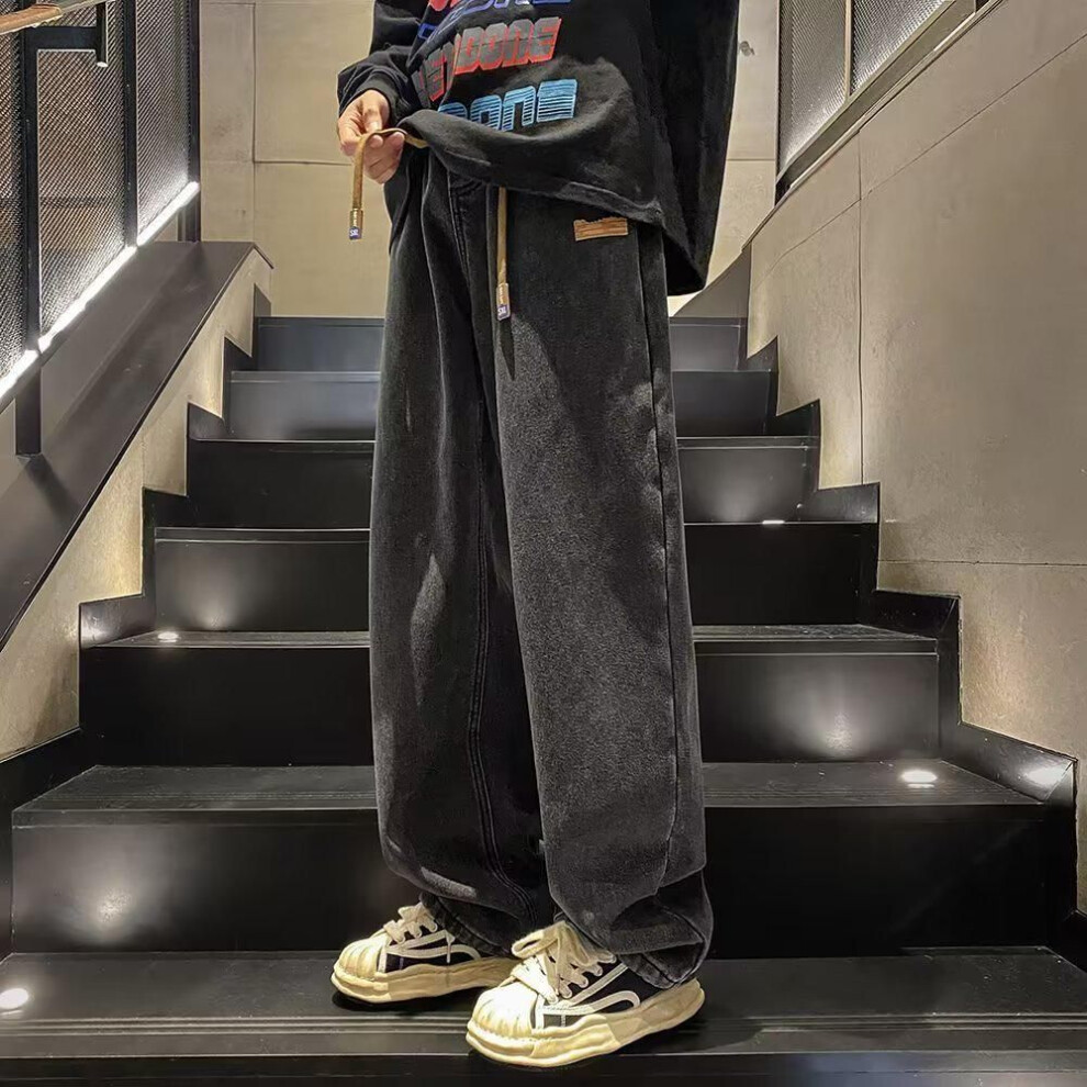 (dark grey, XXL) Men's Black Wide-leg Jeans: Autumn/winter 2024 Straight-leg Youth Trousers