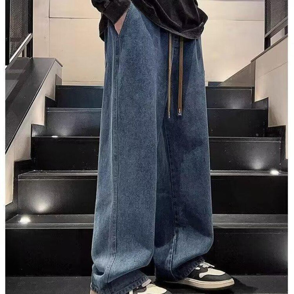 (blue, XL) Men's Black Wide-leg Jeans: Autumn/winter 2024 Straight-leg Youth Trousers