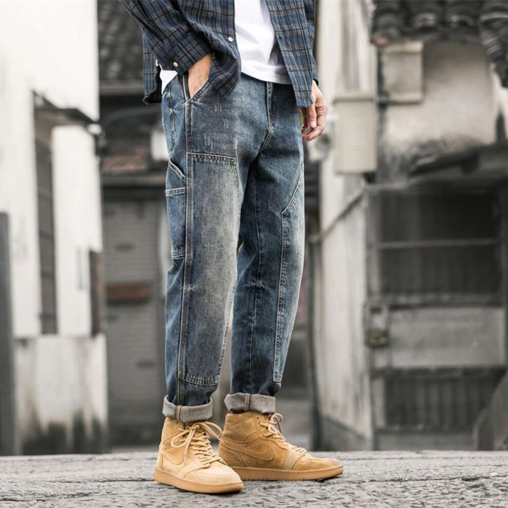 (blue, 5571 Multi-Pocket Pants, L) Men's Retro Patchwork Workwear Jeans: Korean Style, Loose Fit, Harem Straight Pants for Autumn and Winter