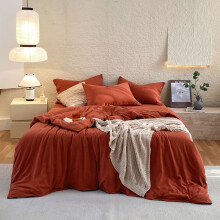 (220x240?4pcs?) Washed cotton breathable simple solid color bed sheet quilt set orange red