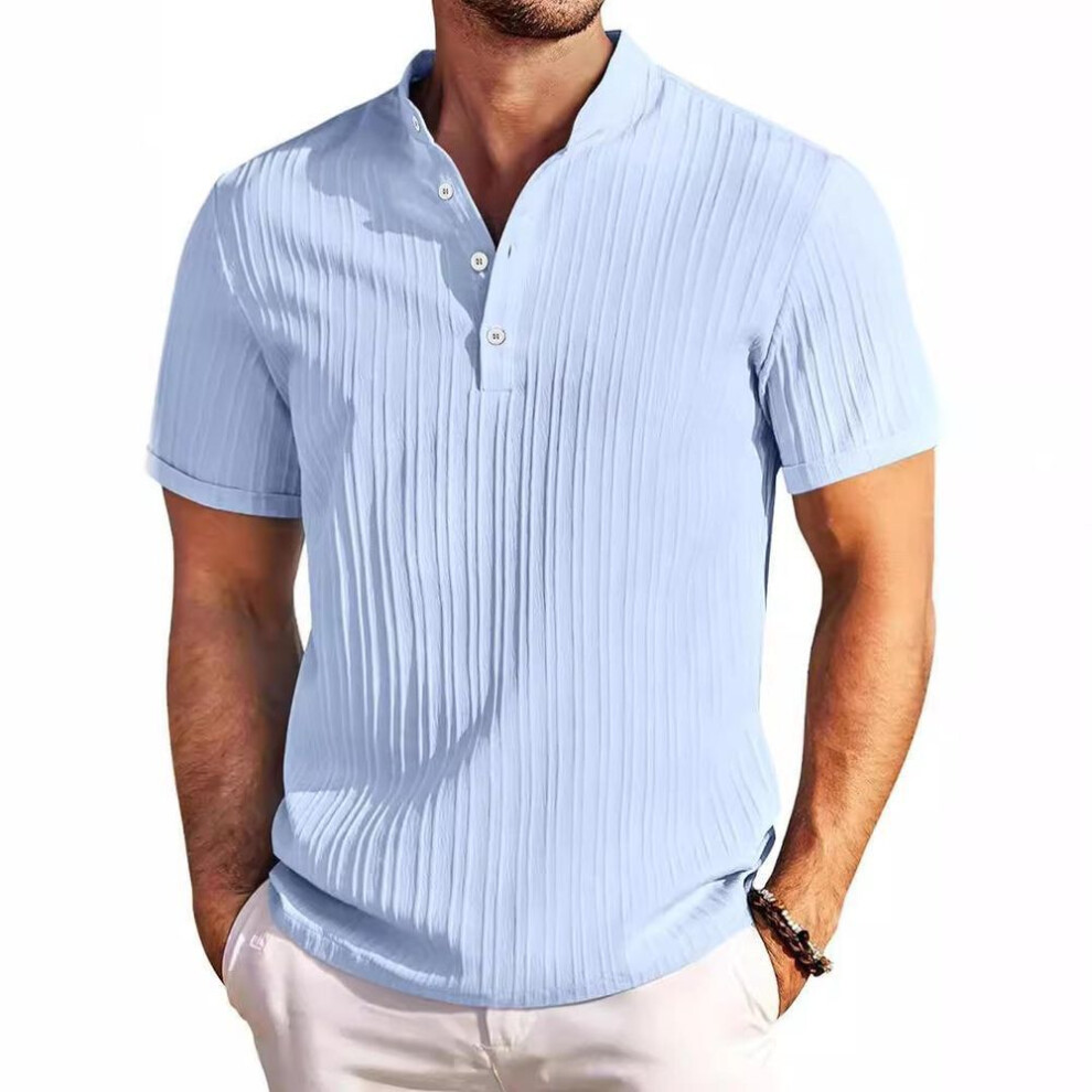 (XXL, sky blue) New Men's Retro Cotton Linen Striped Henley Shirt - Casual Loose Fit