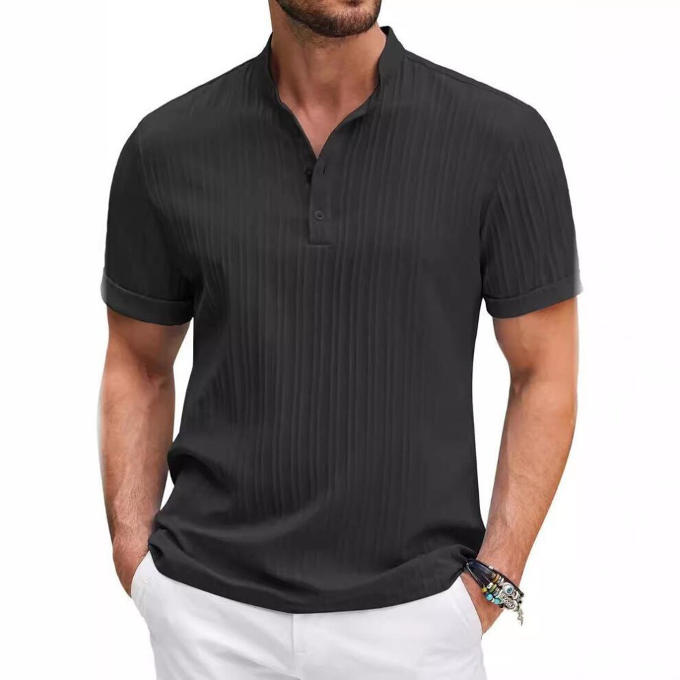 (XL, black) New Men's Retro Cotton Linen Striped Henley Shirt - Casual Loose Fit