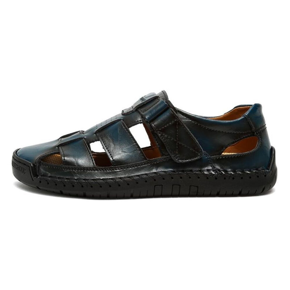 (blue, 47) Summer Men's Casual Closed Toe Sandals Large Size Genuine Leather Casual Handmade Sandals Breathable Casual Sneakers Sandals for Men