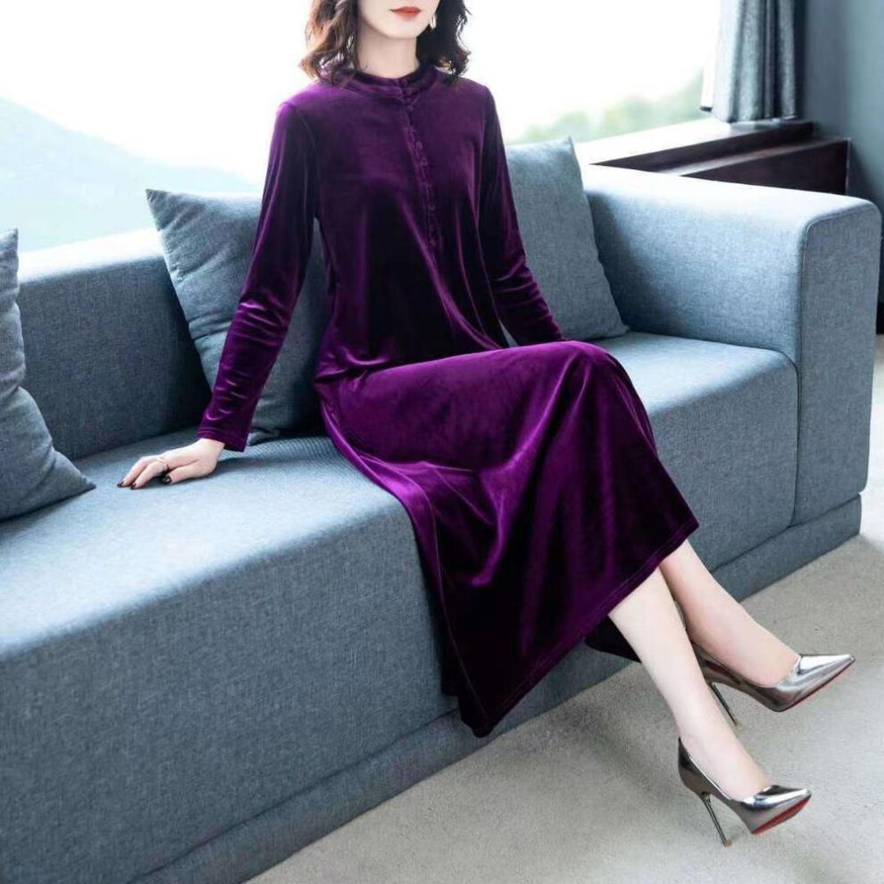 (purple, M) Women's Long Black Velvet Skirt Dress with Gold Accents, Slim Fit, Long Sleeve, Buttoned Pullover - 2023 Autumn/Winter Collection-image-OPC-PH6RTXM-NEW