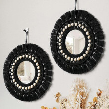 Fringe Round Decorative Mirror with Wood Beads Feather Pendant, Apartment Home Bedroom Living Room, 1pc