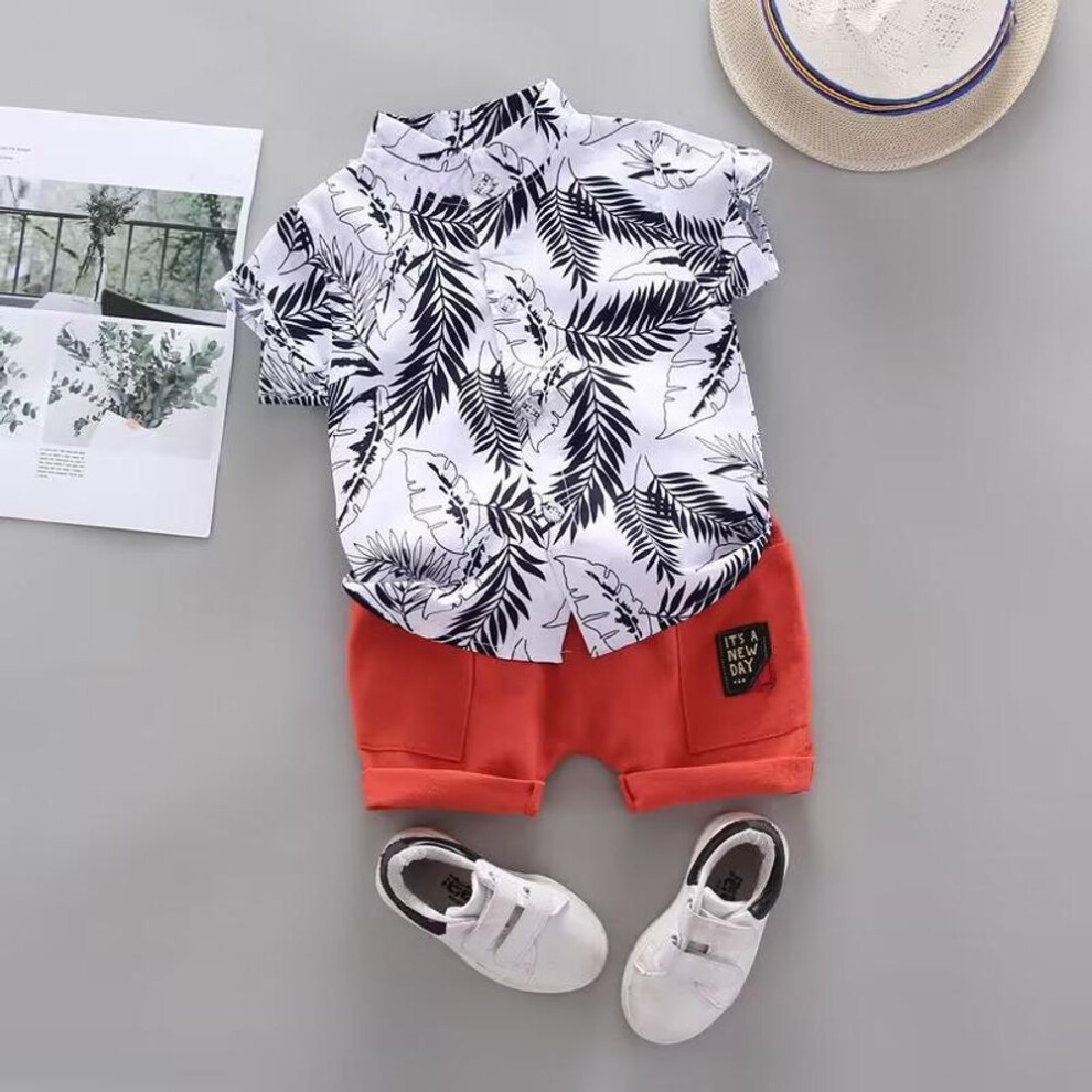 (white, 80 cm) Summer Boys' Infant Casual Two-piece Outfit - Trendy Short-sleeve Shirt And Suit