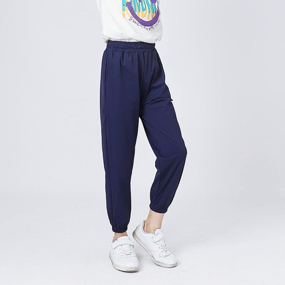 (navy blue, 150 cm) Korean Kids' Summer Sports Trousers: Quick-Dry, Breathable, Ice Silk Anti-Mosquito Pants for Girls