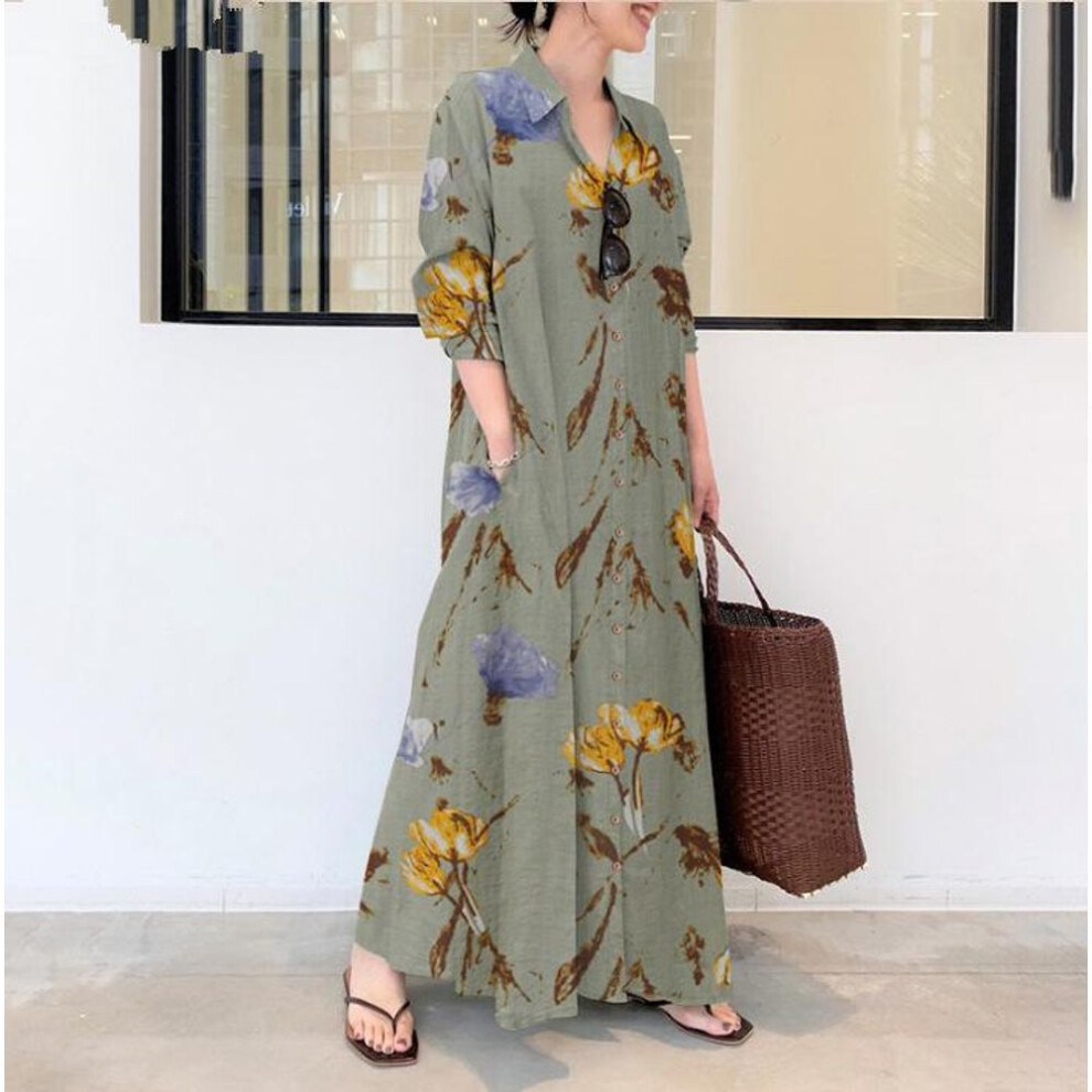 (light blue, XXXL) European and American Style Floral Cotton-Linen Long Sleeve Lapel Cardigan Dress with Pockets.
